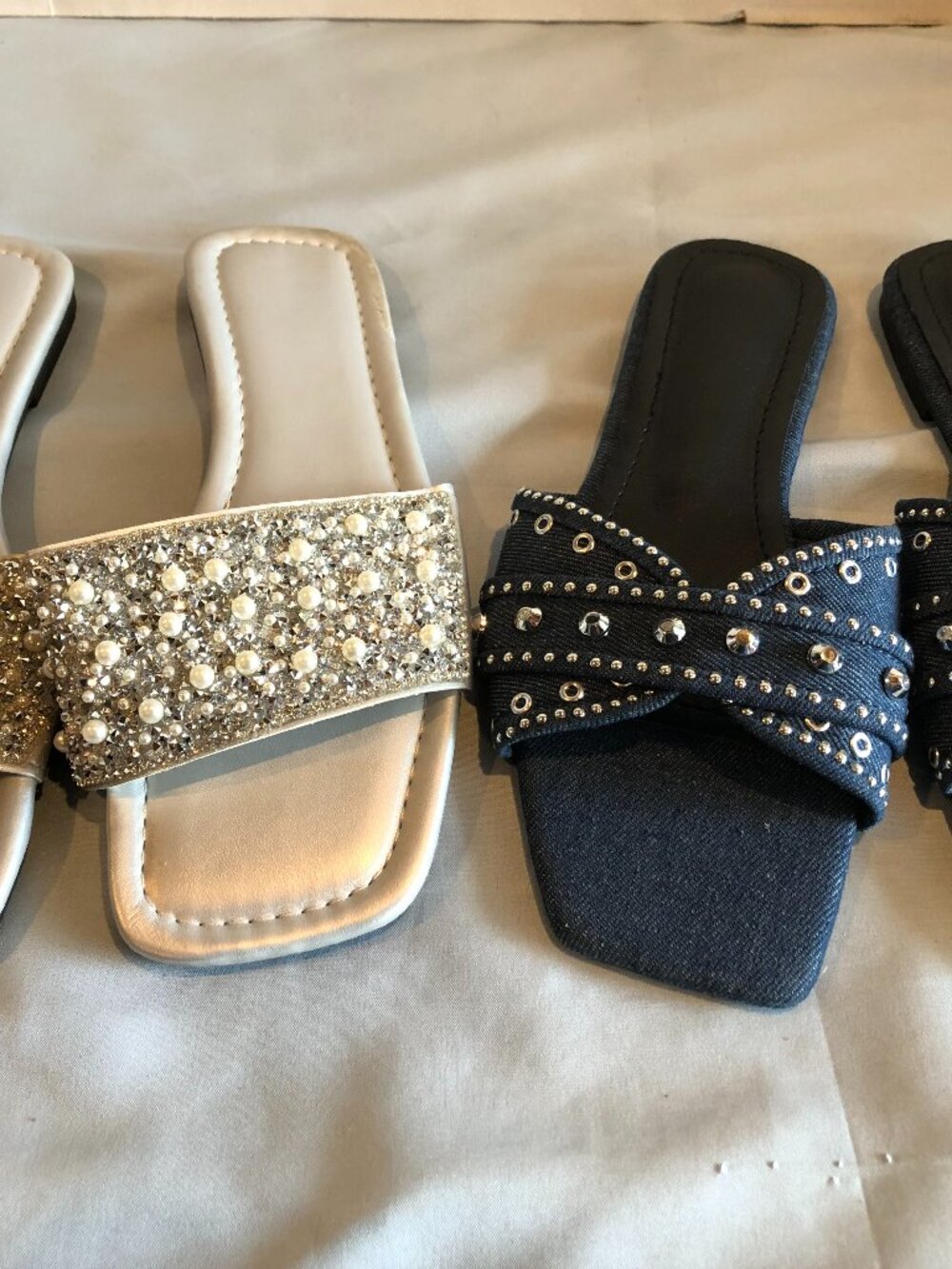 LOT of 2 Womens Slides Sz 9-10 US, 40-41 EUR - Denim & Silver w Pearls